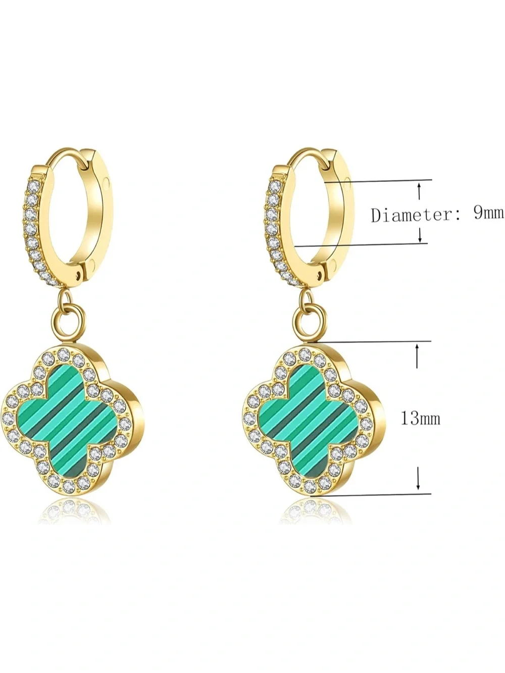 Alhambra Style 18K Gold Plated Green Clover Drop Hoop Earrings NEW